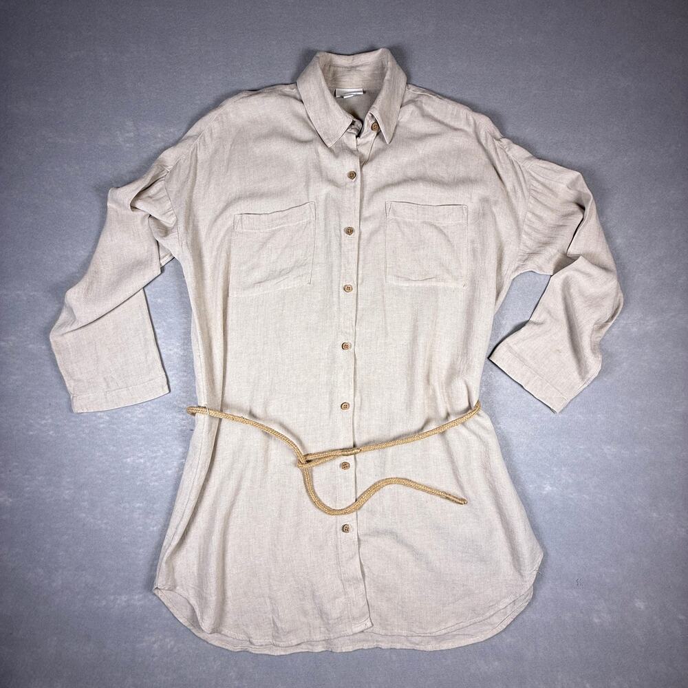 PureJill 100% Linen shirt dress - oversized button up long sleeve collared sz S